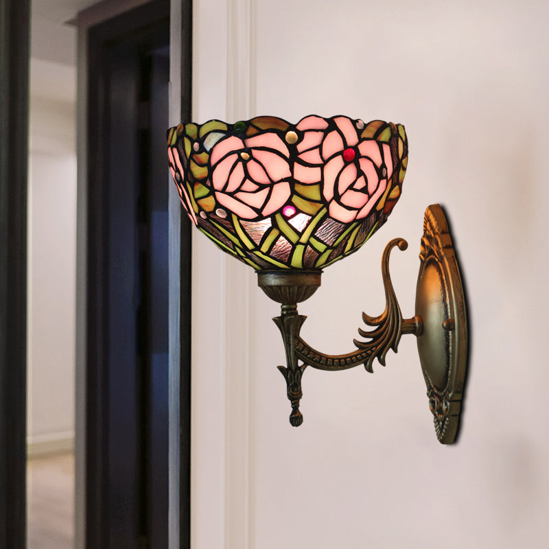 Pink Rose Wall Mount Lighting Tiffany 1 Bulb Stained Glass Sconce with Bronze Carved Arm Clearhalo 'Art deco wall lights' 'Cast Iron' 'Glass' 'Industrial' 'Middle century wall lights' 'Modern' 'Tiffany wall lights' 'Tiffany' 'Traditional wall lights' 'Wall Lamps & Sconces' 'Wall Lights' Lighting' 916678