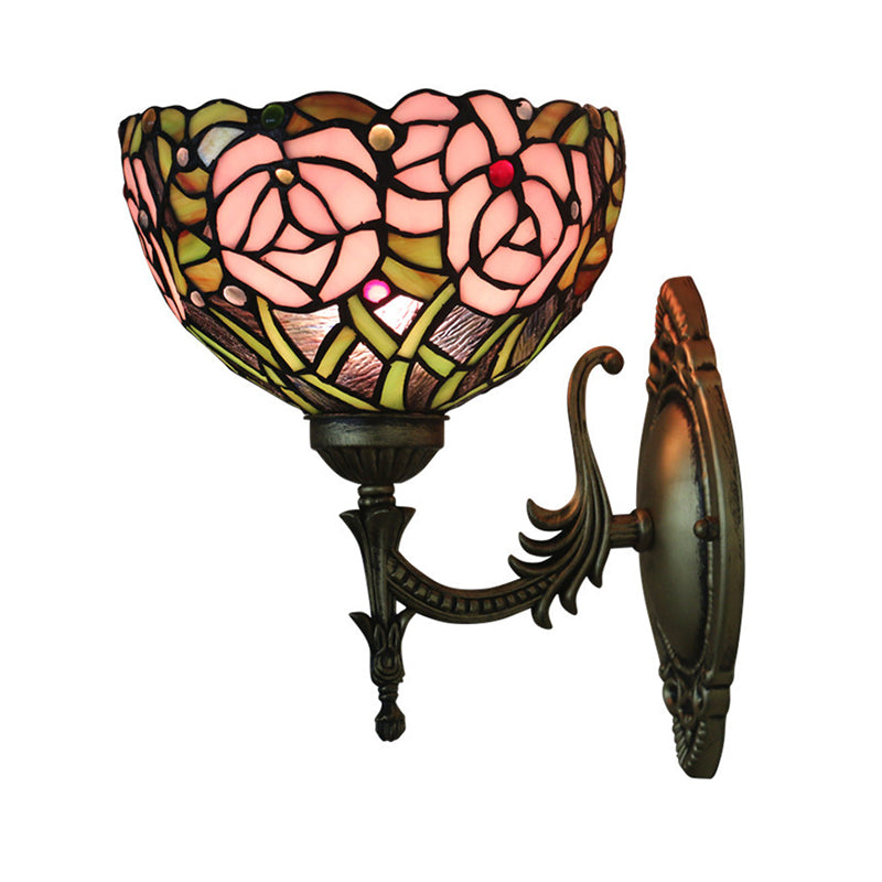 Pink Rose Wall Mount Lighting Tiffany 1 Bulb Stained Glass Sconce with Bronze Carved Arm Clearhalo 'Art deco wall lights' 'Cast Iron' 'Glass' 'Industrial' 'Middle century wall lights' 'Modern' 'Tiffany wall lights' 'Tiffany' 'Traditional wall lights' 'Wall Lamps & Sconces' 'Wall Lights' Lighting' 916679