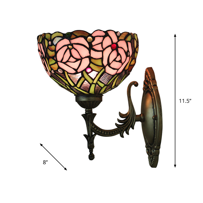 Pink Rose Wall Mount Lighting Tiffany 1 Bulb Stained Glass Sconce with Bronze Carved Arm Clearhalo 'Art deco wall lights' 'Cast Iron' 'Glass' 'Industrial' 'Middle century wall lights' 'Modern' 'Tiffany wall lights' 'Tiffany' 'Traditional wall lights' 'Wall Lamps & Sconces' 'Wall Lights' Lighting' 916680