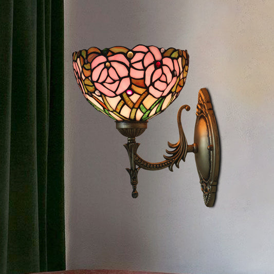 Pink Rose Wall Mount Lighting Tiffany 1 Bulb Stained Glass Sconce with Bronze Carved Arm Bronze A Clearhalo 'Art deco wall lights' 'Cast Iron' 'Glass' 'Industrial' 'Middle century wall lights' 'Modern' 'Tiffany wall lights' 'Tiffany' 'Traditional wall lights' 'Wall Lamps & Sconces' 'Wall Lights' Lighting' 916681