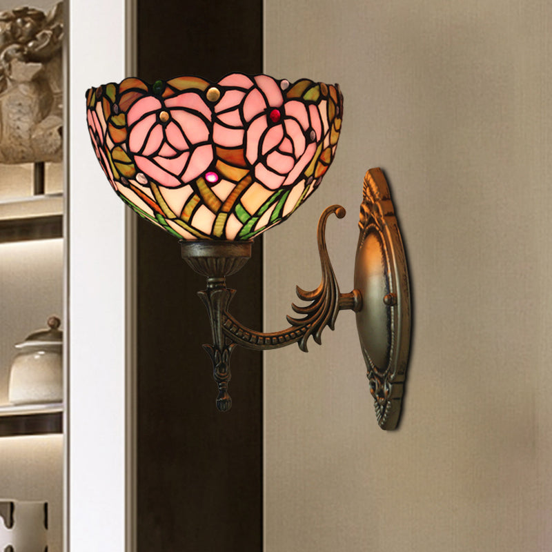 Pink Rose Wall Mount Lighting Tiffany 1 Bulb Stained Glass Sconce with Bronze Carved Arm Clearhalo 'Art deco wall lights' 'Cast Iron' 'Glass' 'Industrial' 'Middle century wall lights' 'Modern' 'Tiffany wall lights' 'Tiffany' 'Traditional wall lights' 'Wall Lamps & Sconces' 'Wall Lights' Lighting' 916682