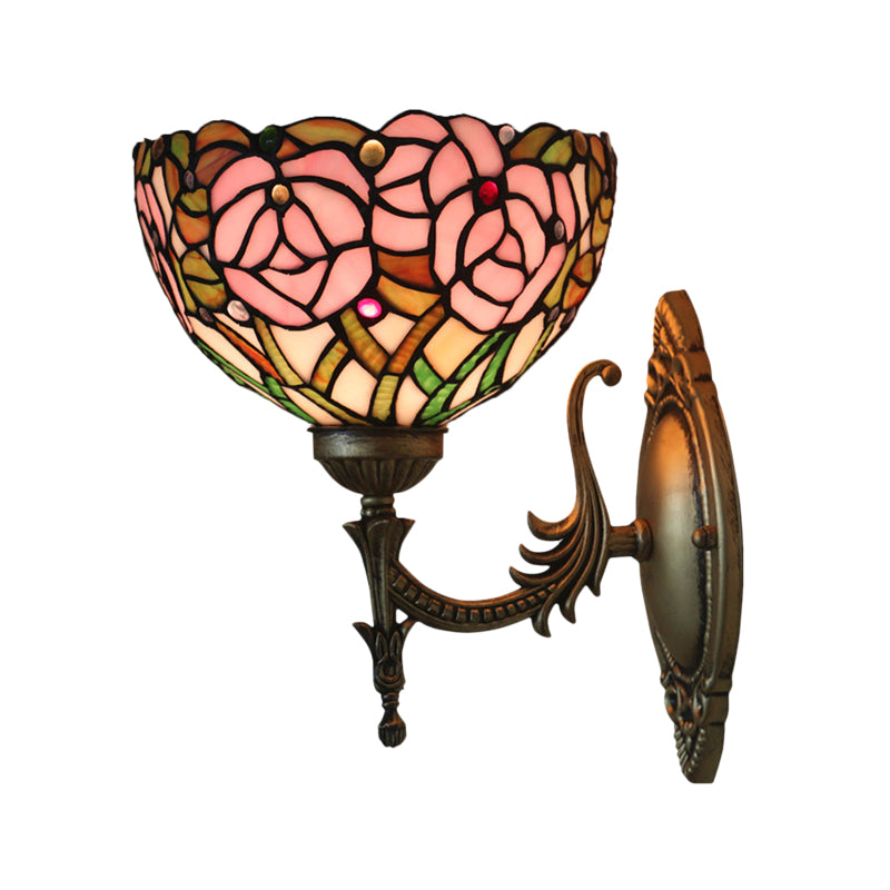 Pink Rose Wall Mount Lighting Tiffany 1 Bulb Stained Glass Sconce with Bronze Carved Arm Clearhalo 'Art deco wall lights' 'Cast Iron' 'Glass' 'Industrial' 'Middle century wall lights' 'Modern' 'Tiffany wall lights' 'Tiffany' 'Traditional wall lights' 'Wall Lamps & Sconces' 'Wall Lights' Lighting' 916683