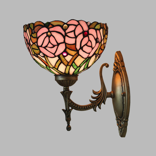 Pink Rose Wall Mount Lighting Tiffany 1 Bulb Stained Glass Sconce with Bronze Carved Arm Clearhalo 'Art deco wall lights' 'Cast Iron' 'Glass' 'Industrial' 'Middle century wall lights' 'Modern' 'Tiffany wall lights' 'Tiffany' 'Traditional wall lights' 'Wall Lamps & Sconces' 'Wall Lights' Lighting' 916684