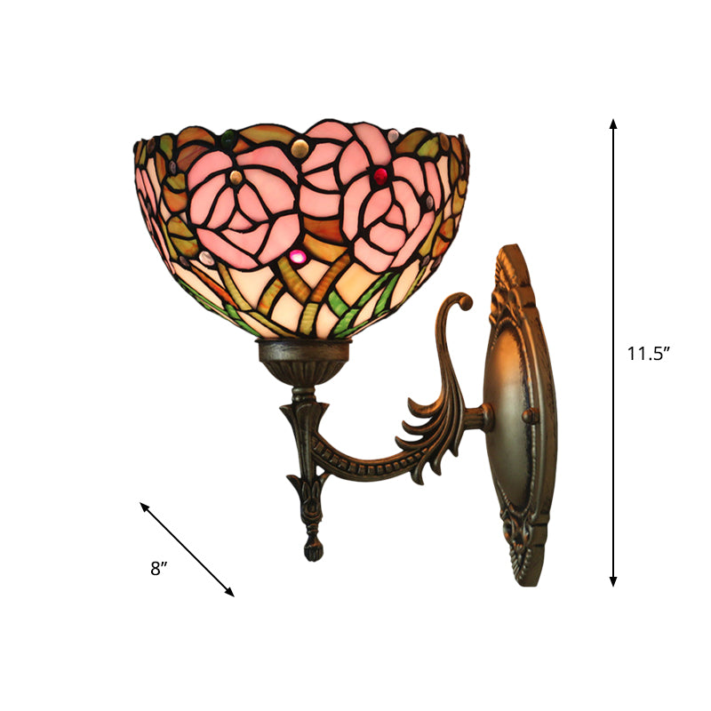 Pink Rose Wall Mount Lighting Tiffany 1 Bulb Stained Glass Sconce with Bronze Carved Arm Clearhalo 'Art deco wall lights' 'Cast Iron' 'Glass' 'Industrial' 'Middle century wall lights' 'Modern' 'Tiffany wall lights' 'Tiffany' 'Traditional wall lights' 'Wall Lamps & Sconces' 'Wall Lights' Lighting' 916685