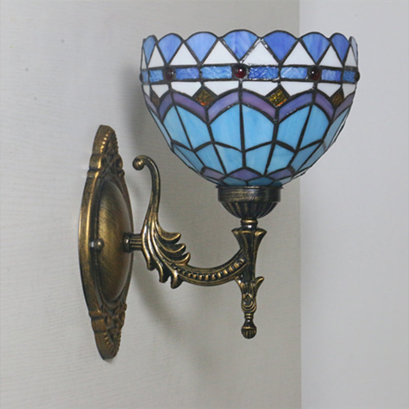 1-Light Bedroom Wall Sconce Mediterranean Bronze Wall Light Fixture with Bowl Blue Glass Shade Blue Clearhalo 'Art deco wall lights' 'Cast Iron' 'Glass' 'Industrial' 'Middle century wall lights' 'Modern' 'Tiffany wall lights' 'Tiffany' 'Traditional wall lights' 'Wall Lamps & Sconces' 'Wall Lights' Lighting' 916686