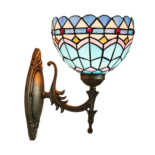 1-Light Bedroom Wall Sconce Mediterranean Bronze Wall Light Fixture with Bowl Blue Glass Shade Clearhalo 'Art deco wall lights' 'Cast Iron' 'Glass' 'Industrial' 'Middle century wall lights' 'Modern' 'Tiffany wall lights' 'Tiffany' 'Traditional wall lights' 'Wall Lamps & Sconces' 'Wall Lights' Lighting' 916688
