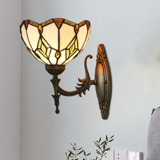 Baroque Flower Shaped Sconce Light 1 Head Beige Glass Wall Mount Lamp in Bronze for Bedroom Bronze Clearhalo 'Art deco wall lights' 'Cast Iron' 'Glass' 'Industrial' 'Middle century wall lights' 'Modern' 'Tiffany wall lights' 'Tiffany' 'Traditional wall lights' 'Wall Lamps & Sconces' 'Wall Lights' Lighting' 916690