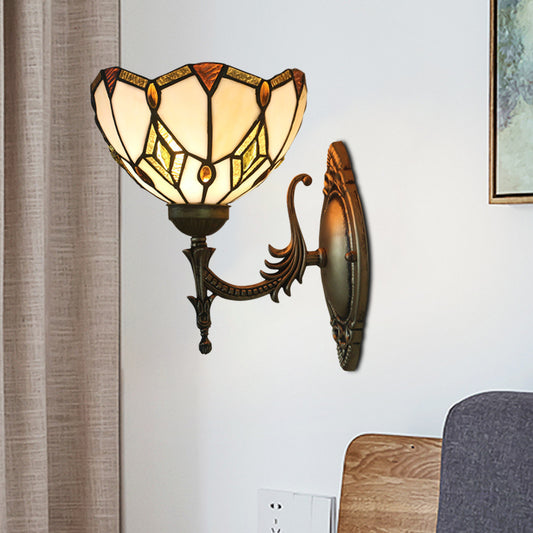 Baroque Flower Shaped Sconce Light 1 Head Beige Glass Wall Mount Lamp in Bronze for Bedroom Clearhalo 'Art deco wall lights' 'Cast Iron' 'Glass' 'Industrial' 'Middle century wall lights' 'Modern' 'Tiffany wall lights' 'Tiffany' 'Traditional wall lights' 'Wall Lamps & Sconces' 'Wall Lights' Lighting' 916691