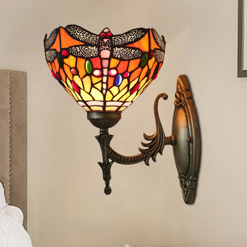 Dragonfly Wall Lighting Ideas Tiffany Cut Glass 1 Bulb Bronze Wall Mounted Light Clearhalo 'Art deco wall lights' 'Cast Iron' 'Glass' 'Industrial' 'Middle century wall lights' 'Modern' 'Tiffany wall lights' 'Tiffany' 'Traditional wall lights' 'Wall Lamps & Sconces' 'Wall Lights' Lighting' 916704