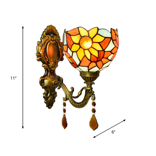 Handcrafted Stained Glass Brass Sconce Sunflower 1-Light Tiffany Wall Mount Light Fixture Clearhalo 'Art deco wall lights' 'Cast Iron' 'Glass' 'Industrial' 'Middle century wall lights' 'Modern' 'Tiffany wall lights' 'Tiffany' 'Traditional wall lights' 'Wall Lamps & Sconces' 'Wall Lights' Lighting' 916715