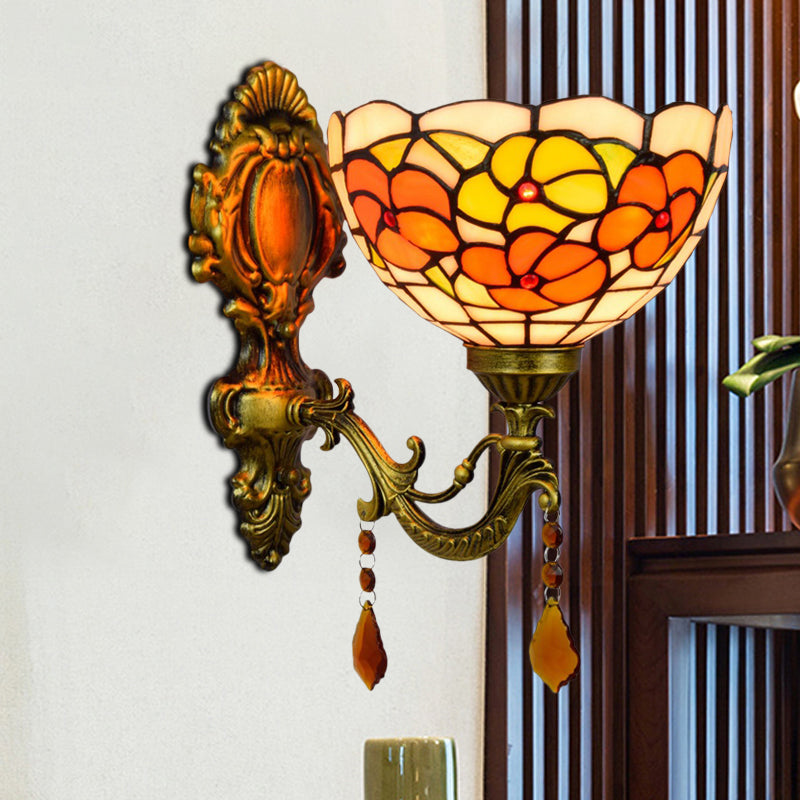 Leaf-Pattern Bowl Stained Glass Wall Lamp Tiffany 1 Head Orange/Purple/Red Wall Mounted Fixture Orange Clearhalo 'Art deco wall lights' 'Cast Iron' 'Glass' 'Industrial' 'Middle century wall lights' 'Modern' 'Tiffany wall lights' 'Tiffany' 'Traditional wall lights' 'Wall Lamps & Sconces' 'Wall Lights' Lighting' 916716
