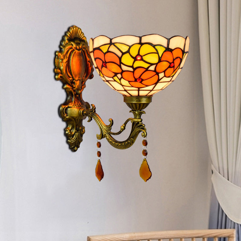 Leaf-Pattern Bowl Stained Glass Wall Lamp Tiffany 1 Head Orange/Purple/Red Wall Mounted Fixture Clearhalo 'Art deco wall lights' 'Cast Iron' 'Glass' 'Industrial' 'Middle century wall lights' 'Modern' 'Tiffany wall lights' 'Tiffany' 'Traditional wall lights' 'Wall Lamps & Sconces' 'Wall Lights' Lighting' 916717