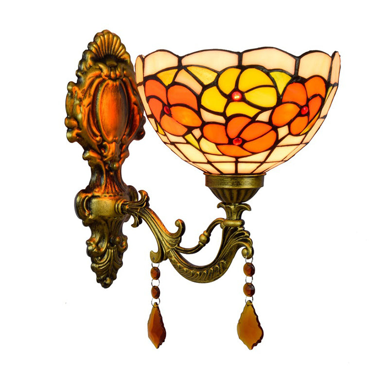 Leaf-Pattern Bowl Stained Glass Wall Lamp Tiffany 1 Head Orange/Purple/Red Wall Mounted Fixture Clearhalo 'Art deco wall lights' 'Cast Iron' 'Glass' 'Industrial' 'Middle century wall lights' 'Modern' 'Tiffany wall lights' 'Tiffany' 'Traditional wall lights' 'Wall Lamps & Sconces' 'Wall Lights' Lighting' 916718