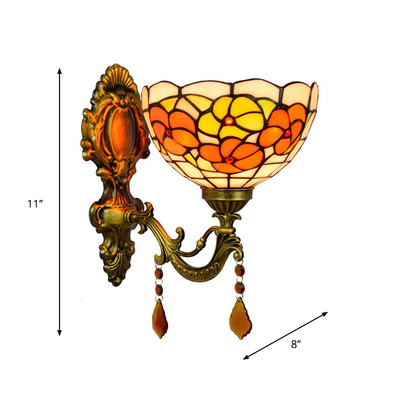 Leaf-Pattern Bowl Stained Glass Wall Lamp Tiffany 1 Head Orange/Purple/Red Wall Mounted Fixture Clearhalo 'Art deco wall lights' 'Cast Iron' 'Glass' 'Industrial' 'Middle century wall lights' 'Modern' 'Tiffany wall lights' 'Tiffany' 'Traditional wall lights' 'Wall Lamps & Sconces' 'Wall Lights' Lighting' 916719