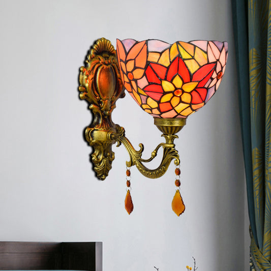 Leaf-Pattern Bowl Stained Glass Wall Lamp Tiffany 1 Head Orange/Purple/Red Wall Mounted Fixture Red Clearhalo 'Art deco wall lights' 'Cast Iron' 'Glass' 'Industrial' 'Middle century wall lights' 'Modern' 'Tiffany wall lights' 'Tiffany' 'Traditional wall lights' 'Wall Lamps & Sconces' 'Wall Lights' Lighting' 916720