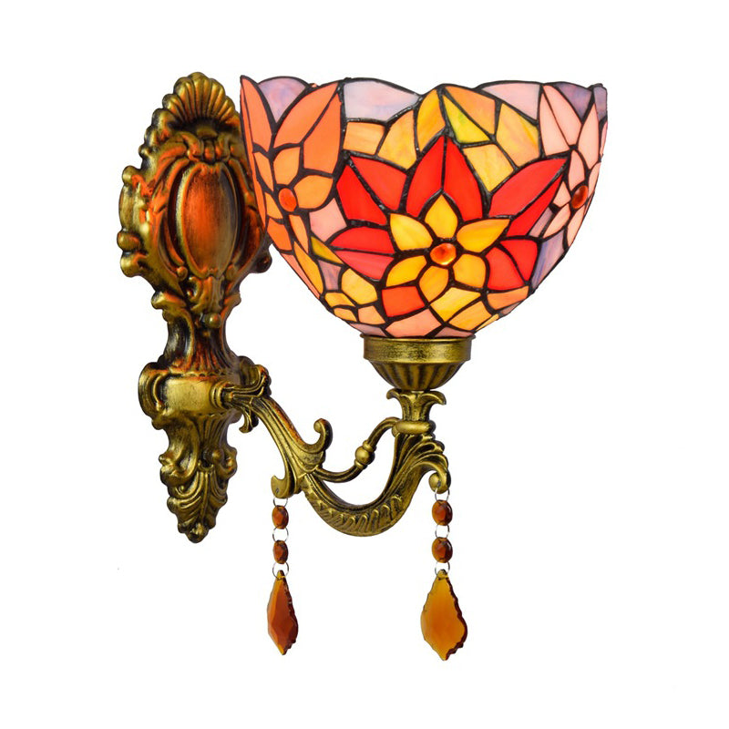 Leaf-Pattern Bowl Stained Glass Wall Lamp Tiffany 1 Head Orange/Purple/Red Wall Mounted Fixture Clearhalo 'Art deco wall lights' 'Cast Iron' 'Glass' 'Industrial' 'Middle century wall lights' 'Modern' 'Tiffany wall lights' 'Tiffany' 'Traditional wall lights' 'Wall Lamps & Sconces' 'Wall Lights' Lighting' 916722