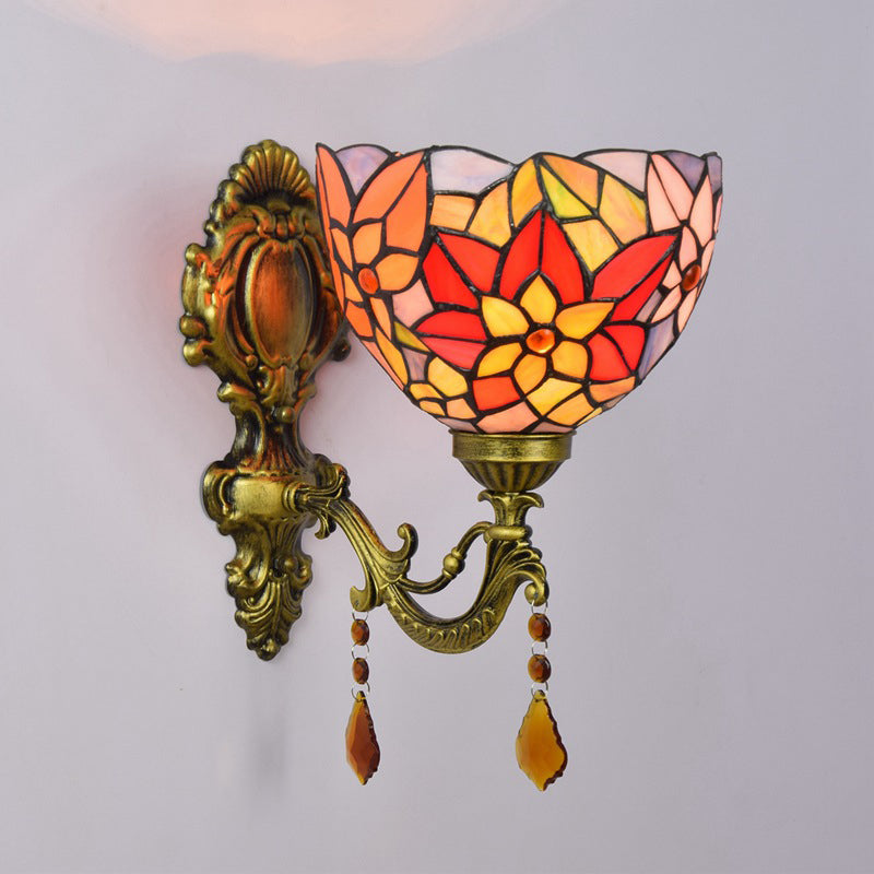 Leaf-Pattern Bowl Stained Glass Wall Lamp Tiffany 1 Head Orange/Purple/Red Wall Mounted Fixture Clearhalo 'Art deco wall lights' 'Cast Iron' 'Glass' 'Industrial' 'Middle century wall lights' 'Modern' 'Tiffany wall lights' 'Tiffany' 'Traditional wall lights' 'Wall Lamps & Sconces' 'Wall Lights' Lighting' 916723