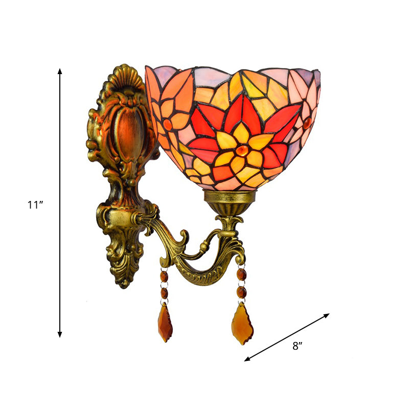 Leaf-Pattern Bowl Stained Glass Wall Lamp Tiffany 1 Head Orange/Purple/Red Wall Mounted Fixture Clearhalo 'Art deco wall lights' 'Cast Iron' 'Glass' 'Industrial' 'Middle century wall lights' 'Modern' 'Tiffany wall lights' 'Tiffany' 'Traditional wall lights' 'Wall Lamps & Sconces' 'Wall Lights' Lighting' 916724