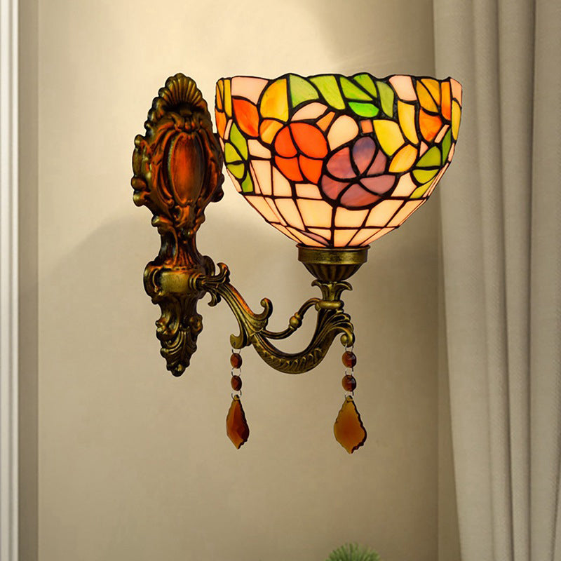 Leaf-Pattern Bowl Stained Glass Wall Lamp Tiffany 1 Head Orange/Purple/Red Wall Mounted Fixture Clearhalo 'Art deco wall lights' 'Cast Iron' 'Glass' 'Industrial' 'Middle century wall lights' 'Modern' 'Tiffany wall lights' 'Tiffany' 'Traditional wall lights' 'Wall Lamps & Sconces' 'Wall Lights' Lighting' 916727