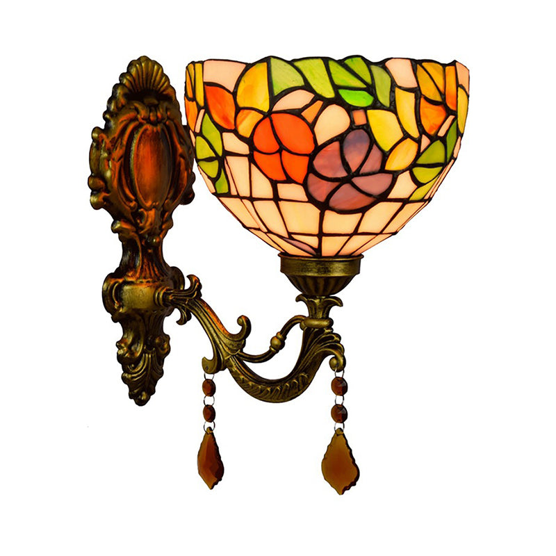 Leaf-Pattern Bowl Stained Glass Wall Lamp Tiffany 1 Head Orange/Purple/Red Wall Mounted Fixture Clearhalo 'Art deco wall lights' 'Cast Iron' 'Glass' 'Industrial' 'Middle century wall lights' 'Modern' 'Tiffany wall lights' 'Tiffany' 'Traditional wall lights' 'Wall Lamps & Sconces' 'Wall Lights' Lighting' 916728