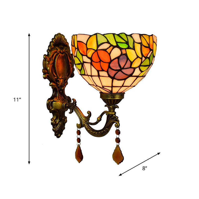 Leaf-Pattern Bowl Stained Glass Wall Lamp Tiffany 1 Head Orange/Purple/Red Wall Mounted Fixture Clearhalo 'Art deco wall lights' 'Cast Iron' 'Glass' 'Industrial' 'Middle century wall lights' 'Modern' 'Tiffany wall lights' 'Tiffany' 'Traditional wall lights' 'Wall Lamps & Sconces' 'Wall Lights' Lighting' 916729
