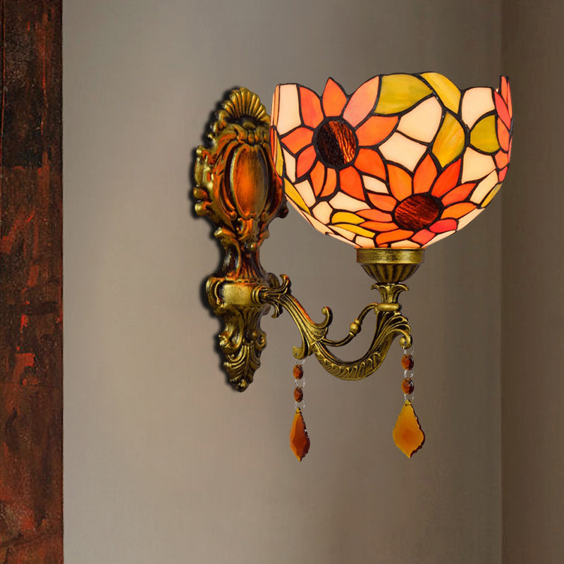 Sunflower Patterned Dome Sconce Lamp 1 Bulb Cut Glass Tiffany Wall Lighting Fixture with Brass Curved Arm Brass Clearhalo 'Art deco wall lights' 'Cast Iron' 'Glass' 'Industrial' 'Middle century wall lights' 'Modern' 'Tiffany wall lights' 'Tiffany' 'Traditional wall lights' 'Wall Lamps & Sconces' 'Wall Lights' Lighting' 916730