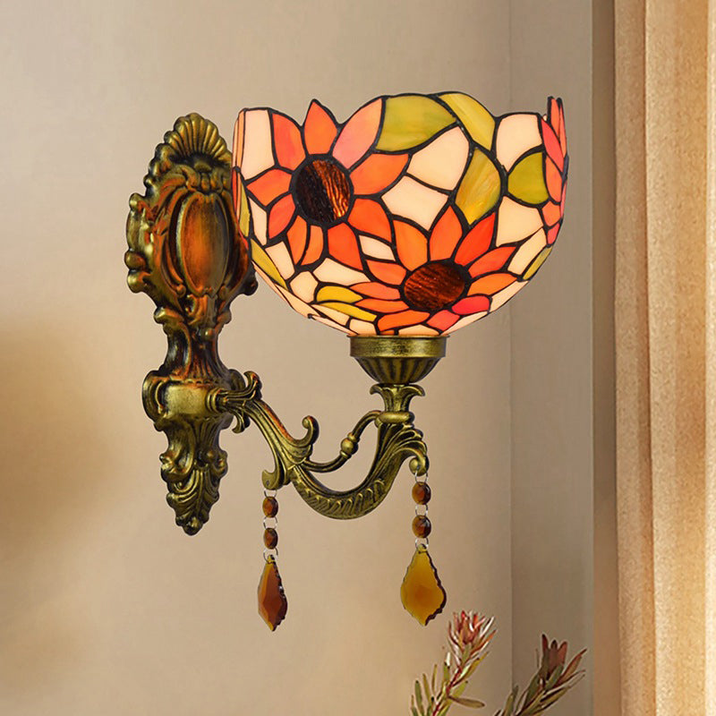 Sunflower Patterned Dome Sconce Lamp 1 Bulb Cut Glass Tiffany Wall Lighting Fixture with Brass Curved Arm Clearhalo 'Art deco wall lights' 'Cast Iron' 'Glass' 'Industrial' 'Middle century wall lights' 'Modern' 'Tiffany wall lights' 'Tiffany' 'Traditional wall lights' 'Wall Lamps & Sconces' 'Wall Lights' Lighting' 916731