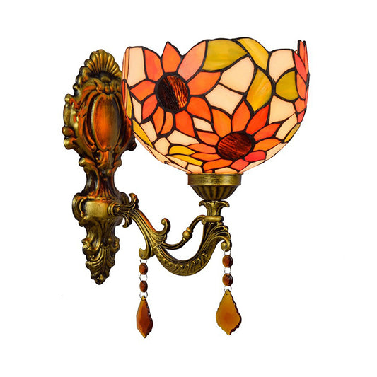 Sunflower Patterned Dome Sconce Lamp 1 Bulb Cut Glass Tiffany Wall Lighting Fixture with Brass Curved Arm Clearhalo 'Art deco wall lights' 'Cast Iron' 'Glass' 'Industrial' 'Middle century wall lights' 'Modern' 'Tiffany wall lights' 'Tiffany' 'Traditional wall lights' 'Wall Lamps & Sconces' 'Wall Lights' Lighting' 916732