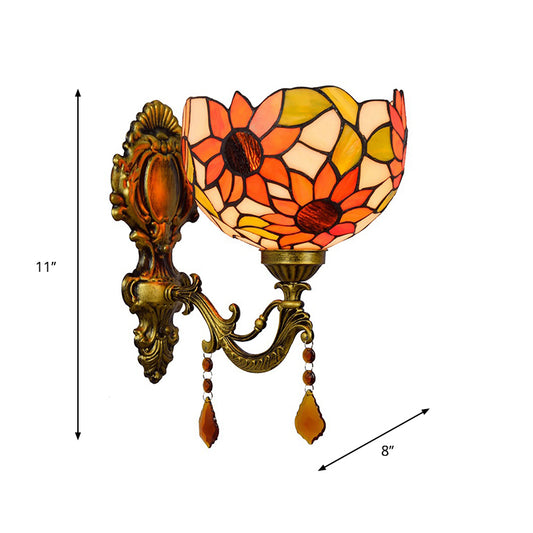 Sunflower Patterned Dome Sconce Lamp 1 Bulb Cut Glass Tiffany Wall Lighting Fixture with Brass Curved Arm Clearhalo 'Art deco wall lights' 'Cast Iron' 'Glass' 'Industrial' 'Middle century wall lights' 'Modern' 'Tiffany wall lights' 'Tiffany' 'Traditional wall lights' 'Wall Lamps & Sconces' 'Wall Lights' Lighting' 916733