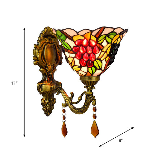 Single-Bulb Wall Sconce Tiffany Flared Stained Glass Wall Mount Light with Grapes Pattern in Brass Clearhalo 'Art deco wall lights' 'Cast Iron' 'Glass' 'Industrial' 'Middle century wall lights' 'Modern' 'Tiffany wall lights' 'Tiffany' 'Traditional wall lights' 'Wall Lamps & Sconces' 'Wall Lights' Lighting' 916737