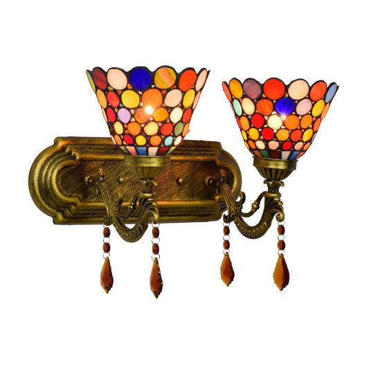 Bell Wall Mounted Light 2-Light Handcrafted Stained Glass Tiffany Sconce Lamp with Dots Design in Brass Clearhalo 'Art deco wall lights' 'Cast Iron' 'Glass' 'Industrial' 'Middle century wall lights' 'Modern' 'Tiffany wall lights' 'Tiffany' 'Traditional wall lights' 'Wall Lamps & Sconces' 'Wall Lights' Lighting' 916739