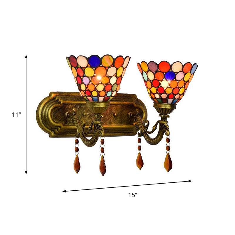 Bell Wall Mounted Light 2-Light Handcrafted Stained Glass Tiffany Sconce Lamp with Dots Design in Brass Clearhalo 'Art deco wall lights' 'Cast Iron' 'Glass' 'Industrial' 'Middle century wall lights' 'Modern' 'Tiffany wall lights' 'Tiffany' 'Traditional wall lights' 'Wall Lamps & Sconces' 'Wall Lights' Lighting' 916741