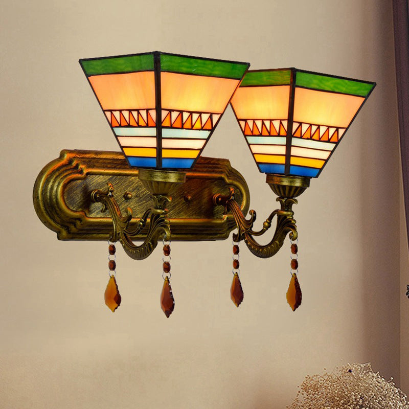 Brass 2 Bulbs Wall Mounted Lamp Mission Stained Glass 4-Sided Pyramid/Flared Wall Sconce Lighting Clearhalo 'Art deco wall lights' 'Cast Iron' 'Glass' 'Industrial' 'Middle century wall lights' 'Modern' 'Tiffany wall lights' 'Tiffany' 'Traditional wall lights' 'Wall Lamps & Sconces' 'Wall Lights' Lighting' 916743