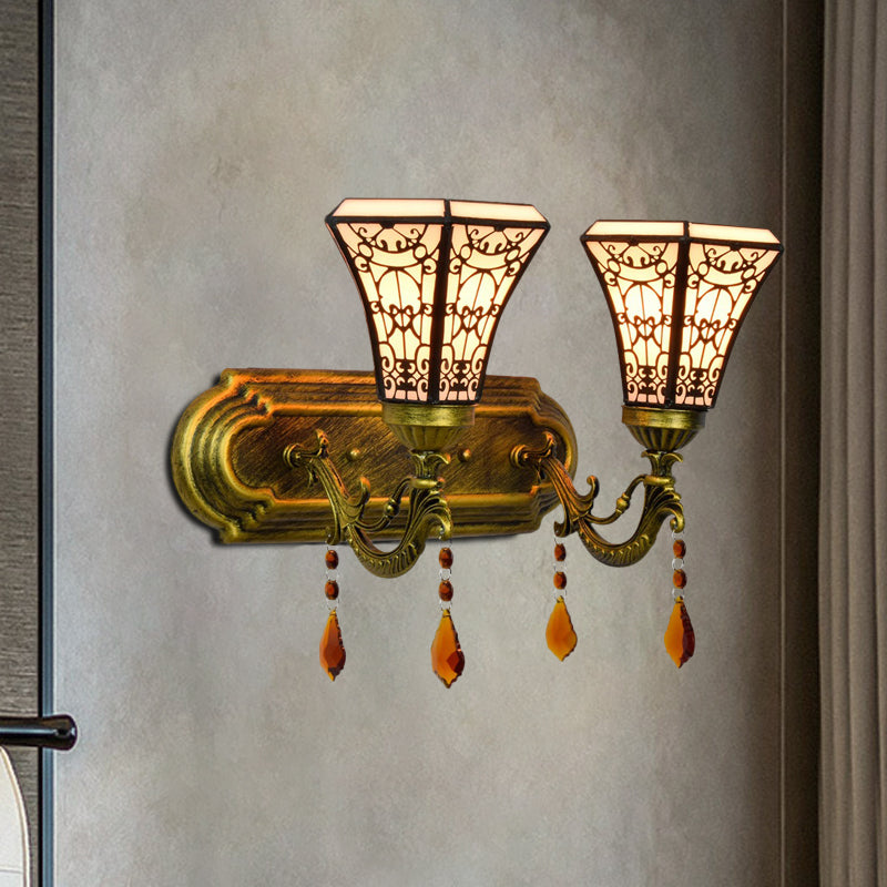 Brass 2 Bulbs Wall Mounted Lamp Mission Stained Glass 4-Sided Pyramid/Flared Wall Sconce Lighting Clearhalo 'Art deco wall lights' 'Cast Iron' 'Glass' 'Industrial' 'Middle century wall lights' 'Modern' 'Tiffany wall lights' 'Tiffany' 'Traditional wall lights' 'Wall Lamps & Sconces' 'Wall Lights' Lighting' 916747
