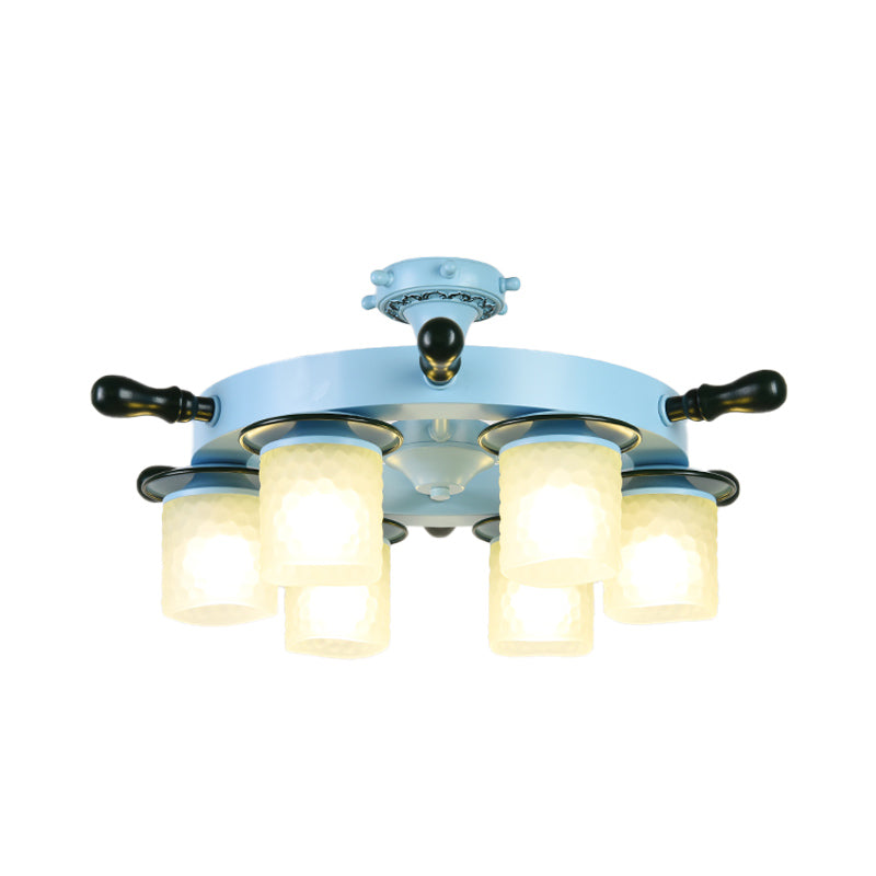6 Heads Kids Room Semi Mount Lighting Cartoon Blue Rudder Flush Ceiling Lamp with Cylinder Opal Glass Shade Clearhalo 'Ceiling Lights' 'Close To Ceiling Lights' 'Close to ceiling' 'Glass shade' 'Glass' 'Semi-flushmount' Lighting' 916757