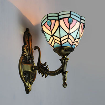 Baroque Bowl Sconce Lighting Stained Glass 1 Head Wall Light Fixture in Blue for Bedroom Blue Clearhalo 'Industrial' 'Middle century wall lights' 'Tiffany wall lights' 'Tiffany' 'Wall Lamps & Sconces' 'Wall Lights' Lighting' 91675