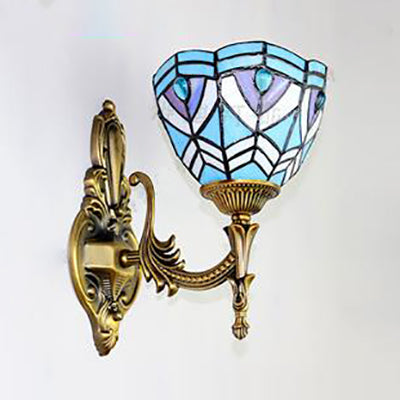 Baroque Bowl Sconce Lighting Stained Glass 1 Head Wall Light Fixture in Blue for Bedroom Clearhalo 'Industrial' 'Middle century wall lights' 'Tiffany wall lights' 'Tiffany' 'Wall Lamps & Sconces' 'Wall Lights' Lighting' 91676