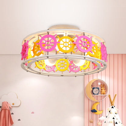 Elephant/Boat/Rudder Semi Flush Lamp with Drum Design Kids Wood 5-Light Pink and Yellow/Pink and Blue Flush Mount Pink Rudder Clearhalo 'Ceiling Lights' 'Close To Ceiling Lights' 'Close to ceiling' 'Semi-flushmount' Lighting' 916779