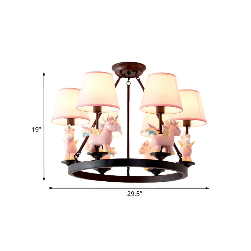 Pink Unicorn Pendulum Light with Black Ring Design Cartoon 6 Heads Fabric Ceiling Chandelier Clearhalo 'Ceiling Lights' 'Chandeliers' Lighting' options 916837