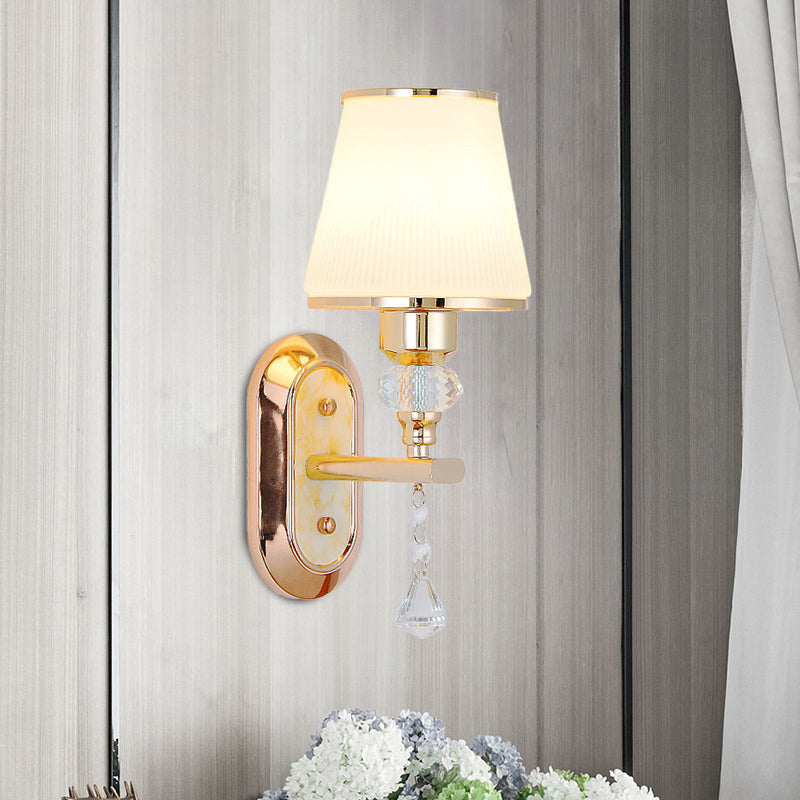 Gold Barrel Wall Mounted Lamp Minimalist 1/2-Head Frosted Glass Wall Lighting with Diamond Crystal Drop 1.0 Gold Clearhalo 'Modern wall lights' 'Modern' 'Wall Lamps & Sconces' 'Wall Lights' Lighting' 916847