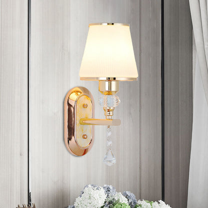 Gold Barrel Wall Mounted Lamp Minimalist 1/2-Head Frosted Glass Wall Lighting with Diamond Crystal Drop 1.0 Gold Clearhalo 'Modern wall lights' 'Modern' 'Wall Lamps & Sconces' 'Wall Lights' Lighting' 916847