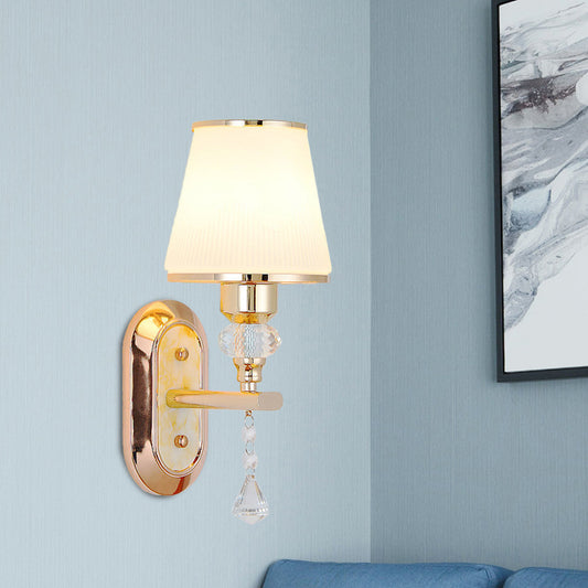 Gold Barrel Wall Mounted Lamp Minimalist 1/2-Head Frosted Glass Wall Lighting with Diamond Crystal Drop Clearhalo 'Modern wall lights' 'Modern' 'Wall Lamps & Sconces' 'Wall Lights' Lighting' 916848