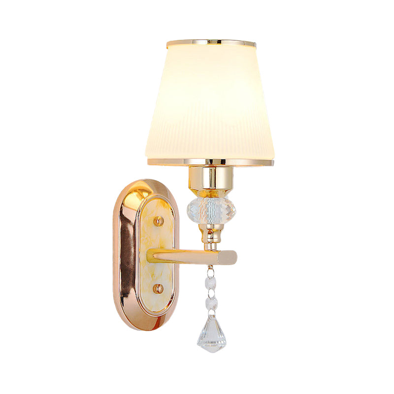 Gold Barrel Wall Mounted Lamp Minimalist 1/2-Head Frosted Glass Wall Lighting with Diamond Crystal Drop Clearhalo 'Modern wall lights' 'Modern' 'Wall Lamps & Sconces' 'Wall Lights' Lighting' 916849