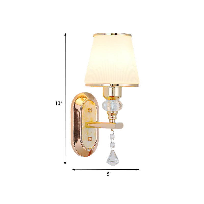 Gold Barrel Wall Mounted Lamp Minimalist 1/2-Head Frosted Glass Wall Lighting with Diamond Crystal Drop Clearhalo 'Modern wall lights' 'Modern' 'Wall Lamps & Sconces' 'Wall Lights' Lighting' 916850