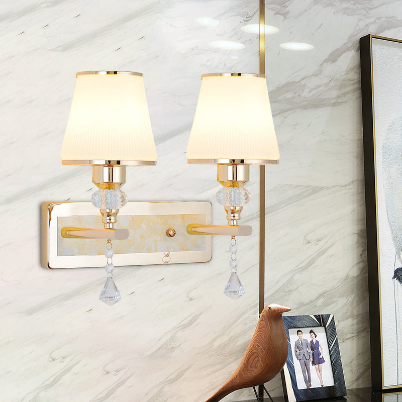 Gold Barrel Wall Mounted Lamp Minimalist 1/2-Head Frosted Glass Wall Lighting with Diamond Crystal Drop 2.0 Gold Clearhalo 'Modern wall lights' 'Modern' 'Wall Lamps & Sconces' 'Wall Lights' Lighting' 916851