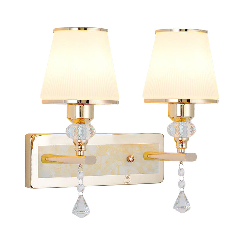 Gold Barrel Wall Mounted Lamp Minimalist 1/2-Head Frosted Glass Wall Lighting with Diamond Crystal Drop Clearhalo 'Modern wall lights' 'Modern' 'Wall Lamps & Sconces' 'Wall Lights' Lighting' 916853