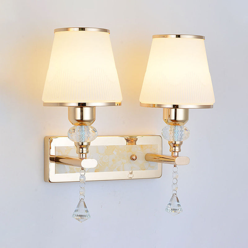Gold Barrel Wall Mounted Lamp Minimalist 1/2-Head Frosted Glass Wall Lighting with Diamond Crystal Drop Clearhalo 'Modern wall lights' 'Modern' 'Wall Lamps & Sconces' 'Wall Lights' Lighting' 916854