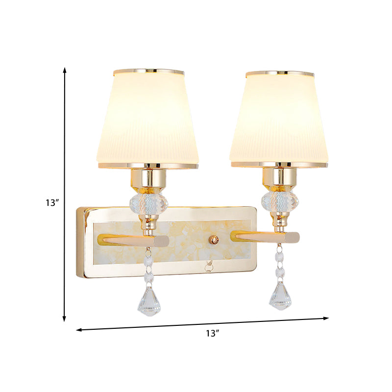 Gold Barrel Wall Mounted Lamp Minimalist 1/2-Head Frosted Glass Wall Lighting with Diamond Crystal Drop Clearhalo 'Modern wall lights' 'Modern' 'Wall Lamps & Sconces' 'Wall Lights' Lighting' 916855