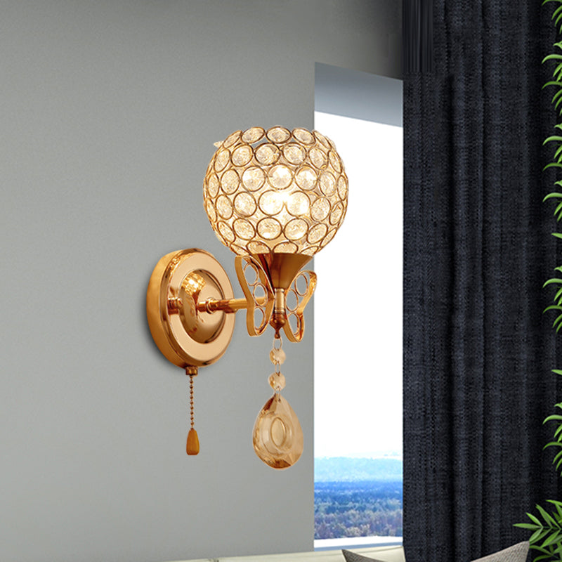 Global Crystal Embedded Wall Light Fixture Modern 1 Bulb Gold Finish Wall Mount Lamp Gold Clearhalo 'Cast Iron' 'Glass' 'Industrial' 'Modern wall lights' 'Modern' 'Tiffany' 'Traditional wall lights' 'Wall Lamps & Sconces' 'Wall Lights' Lighting' 916856