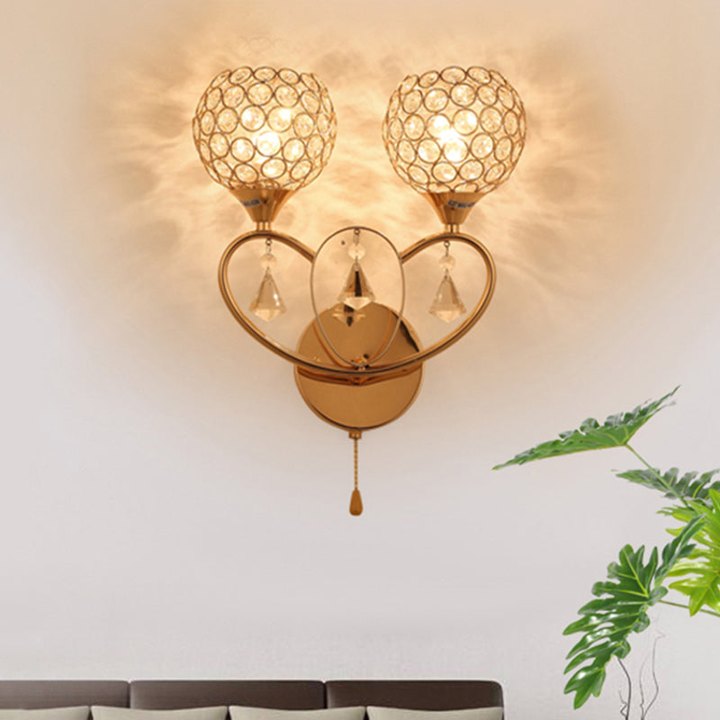 Simple 2 Heads Sconce Light Fixture with Crystal Embedded Shade Gold Global Wall Mount Lamp Gold Clearhalo 'Modern wall lights' 'Modern' 'Wall Lamps & Sconces' 'Wall Lights' Lighting' 916868